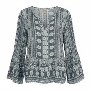 Como Vintage Womens L Boho Floral Peasant Top Gray White Bell Sleeve Lightweight